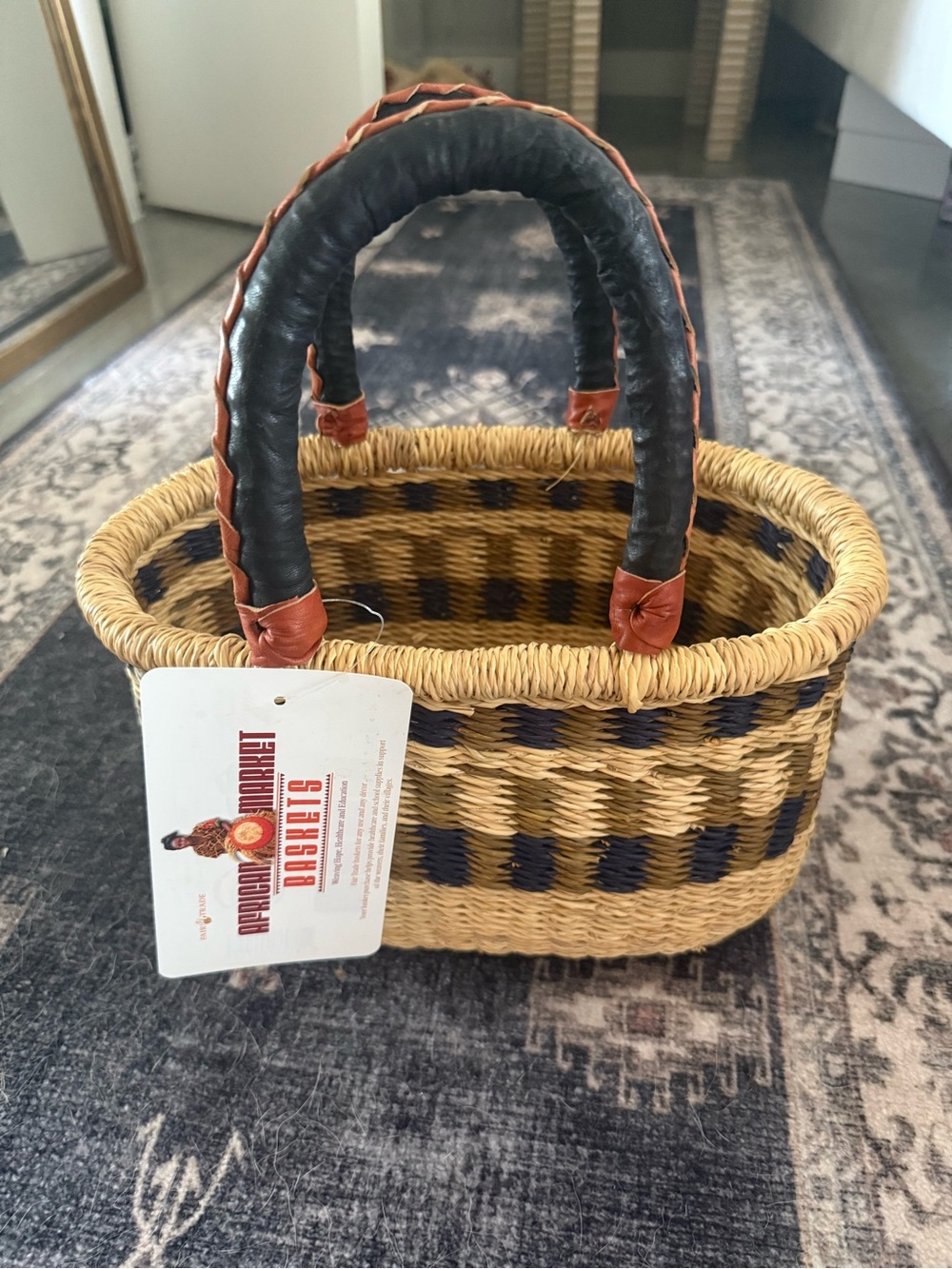 African Market Basket Handwoven Straw Basket Tote with Black & Tan Handles